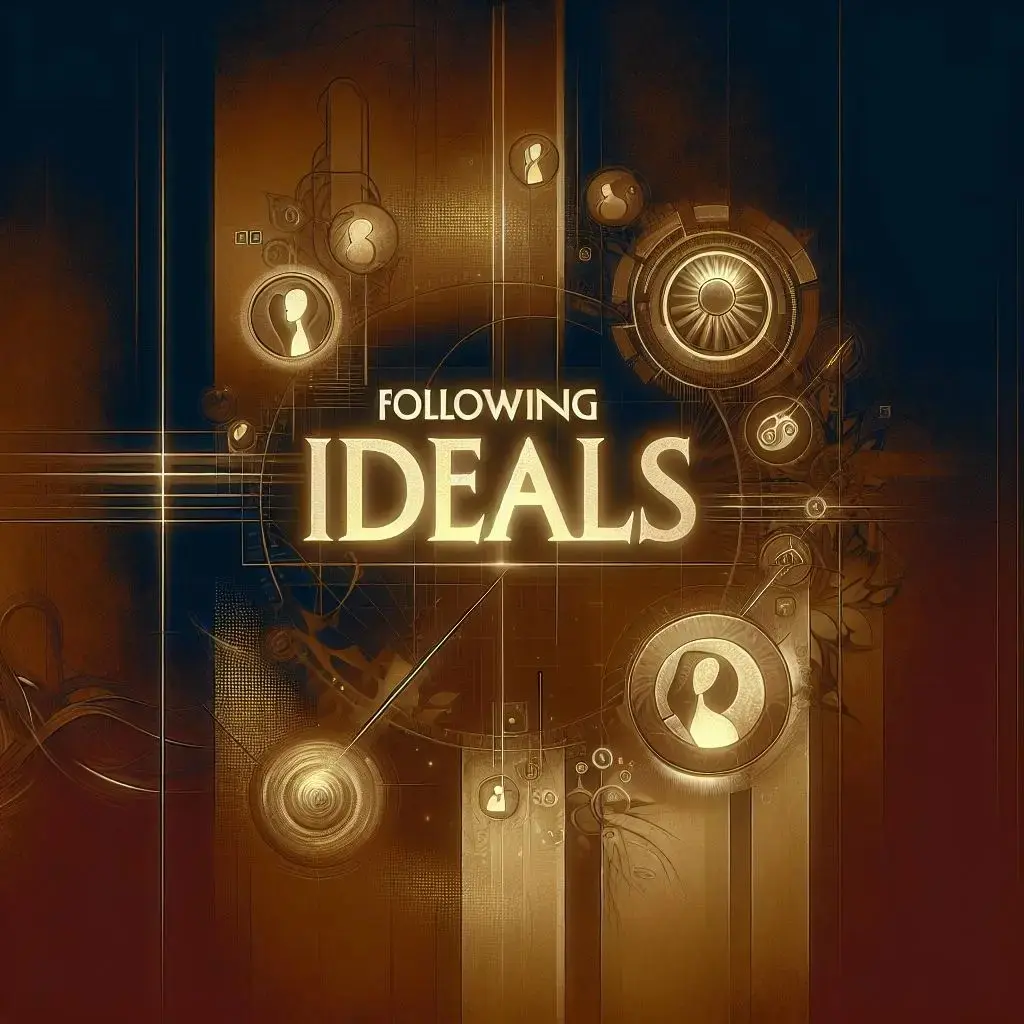 Dreamy sepia background with 'Following Ideals' text, artistic icons, gradient, and abstract shapes