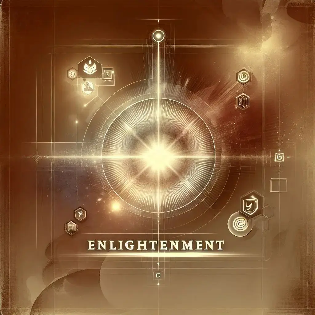 Futuristic sepia dreamscape background, 'Enlightenment' text bold, artistic icons, shadow effect